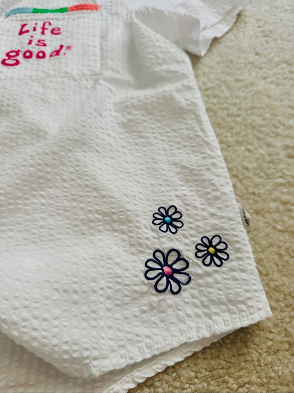 Life Is Good Sleep Set Seersucker Embroidered Rainbow Pajama Top & Shorts White - Picture 8 of 12